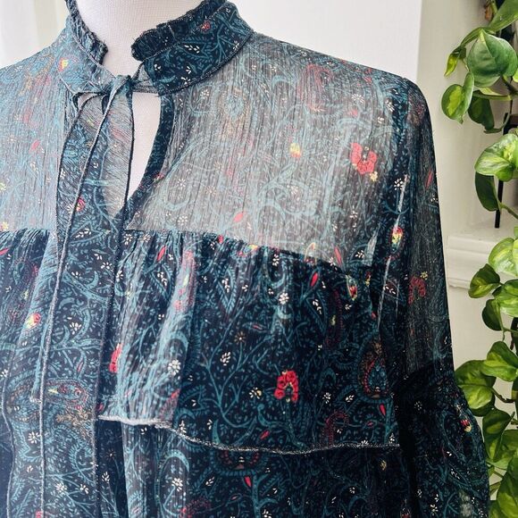 Lucky Brand Green Floral Ruffly Lightweight Flowy Romantic Blouse Size Small - Picture 5 of 9